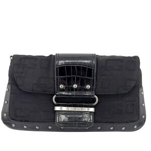 Vintage Guess Monogram Baguette Shoulder Bag Black Canvas Studded‎ Y2K Croc Trim